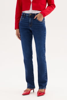 CALÇA JEANS RETA LAVADA FLOR DE LIS